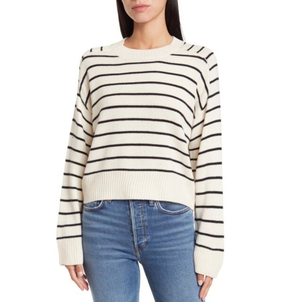 T Tahari Tuscany Stripe Sweater, Small Ivory Black Striped | Coastal Nautical